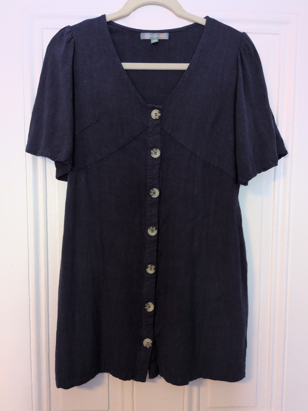 Good Luck Gem Navy Button-Front Linen Cotton Mini Dress